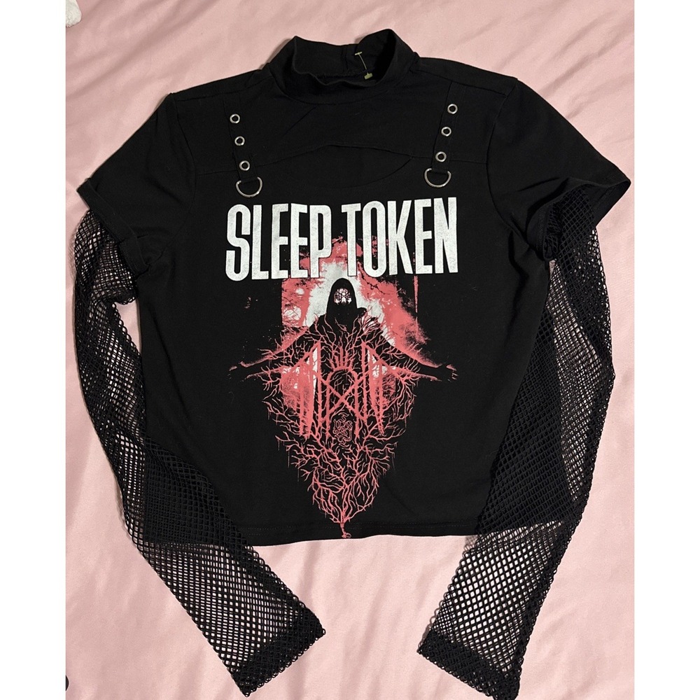 Black Sleep Token Fishnet Sleeve Shirt Size Lg - Hot topic Vibe !